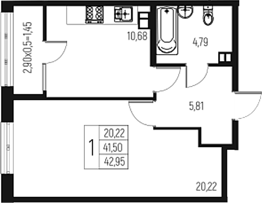 Планировка однокомнатная 42.95 м² в ЖК «Атаманский Сад», корпус 1