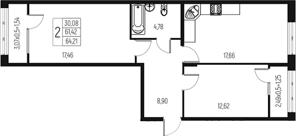 Планировка двухкомнатная 64.21 м² в ЖК «Атаманский Сад», корпус 1