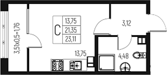Планировка Студии 23.11 м² в ЖК «Атаманский Сад», корпус 1