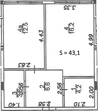 Планировка однокомнатная 43.1 м² в ЖК «Азимут Plus Residence», корпус 1