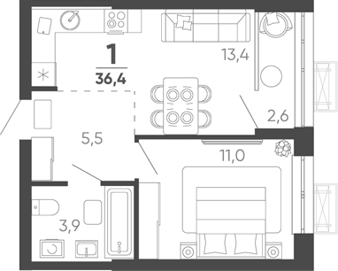 Планировка однокомнатная 36.4 м² в ЖК «Барса», корпус 1В