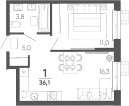 Планировка евродвушка (2Е) 36.1 м² в ЖК «Барса», корпус 3В