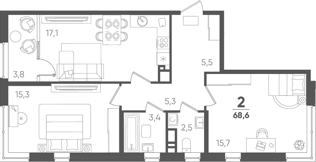 Планировка двухкомнатная 68.6 м² в ЖК «Барса», корпус 2.1
