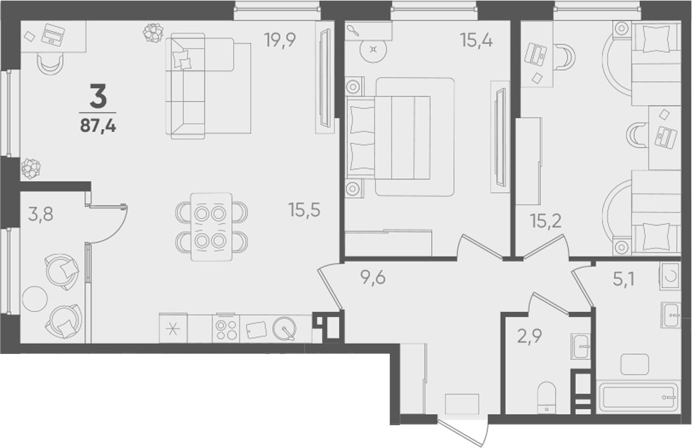 Планировка евротрёшка (3Е) 87.4 м² в ЖК «Барса», корпус 2.1