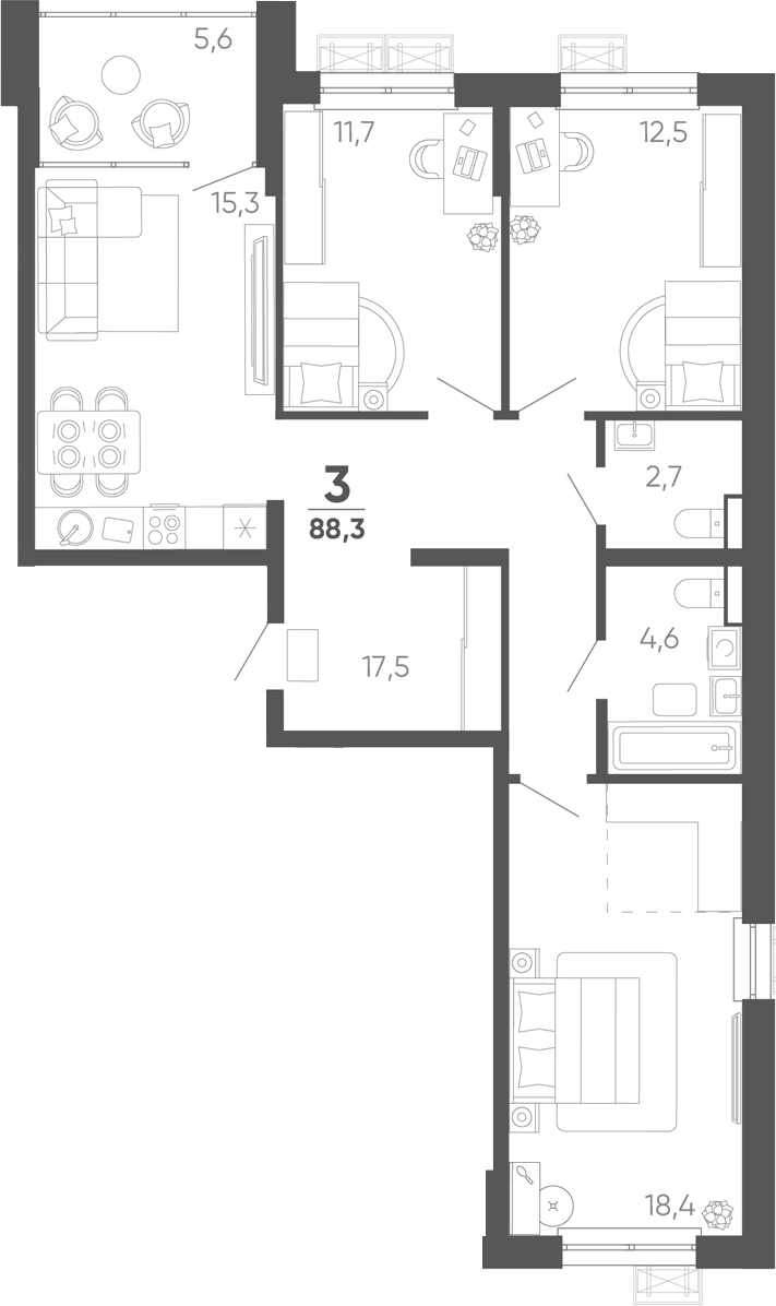 Планировка трёхкомнатная 88.3 м² в ЖК «Барса», корпус 3В