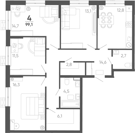 Планировка четырёхкомнатная 99.1 м² в ЖК «Барса», корпус 3В