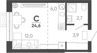 Планировка Студии 24.6 м² в ЖК «Барса», корпус 1В