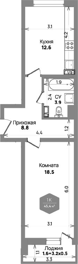 Планировка однокомнатная 45.4 м² в ЖК «Бауинвест», корпус 6.1