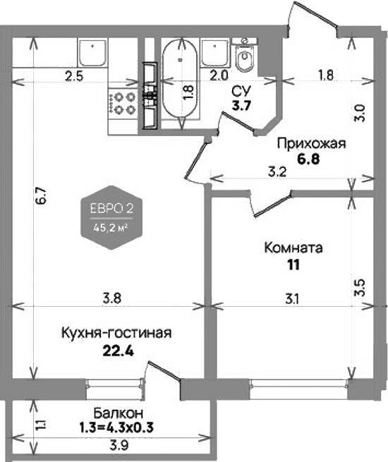 Планировка евродвушка (2Е) 45.2 м² в ЖК «Бауинвест», корпус 6.1