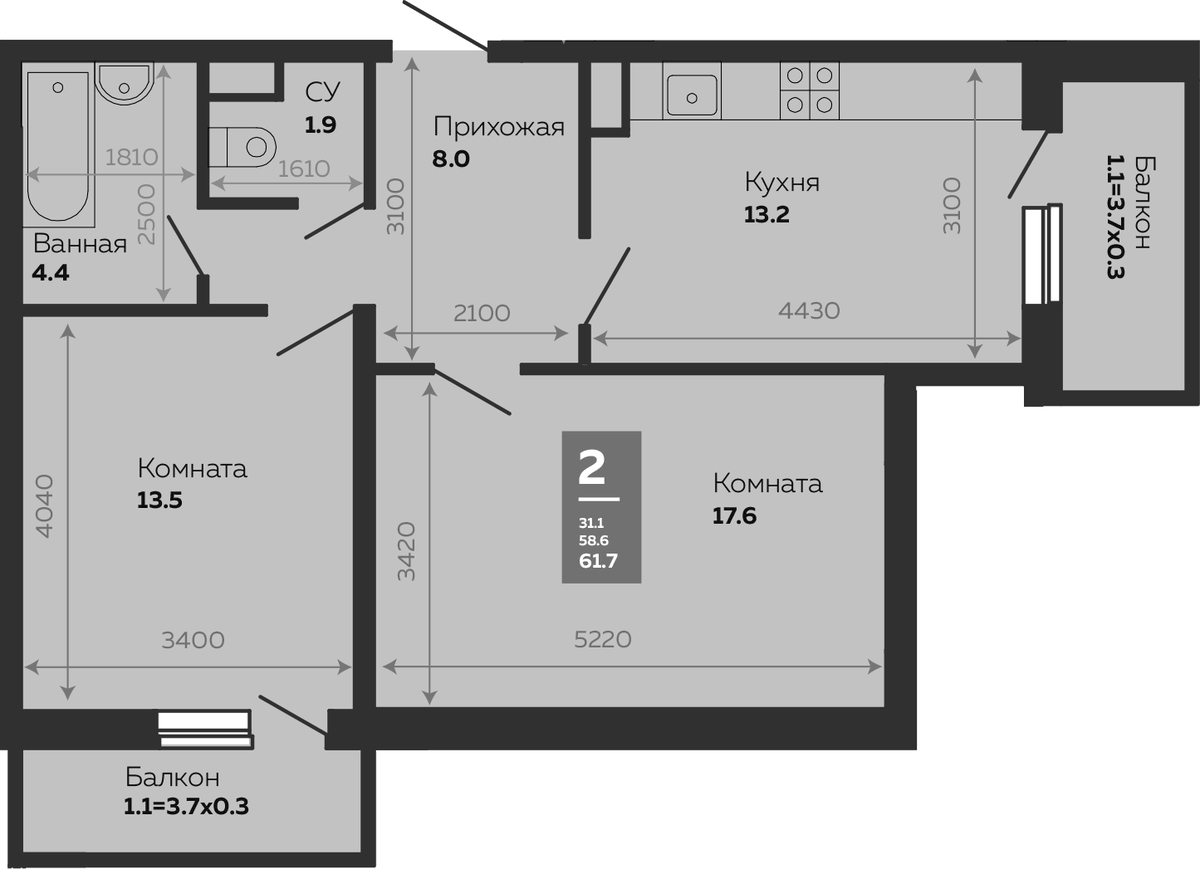 Планировка двухкомнатная 61.7 м² в ЖК «Бауинвест», корпус 5.1