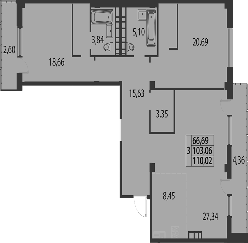 Планировка евротрёшка (3Е) 110.02 м² в ЖК «Белые Росы», корпус 7