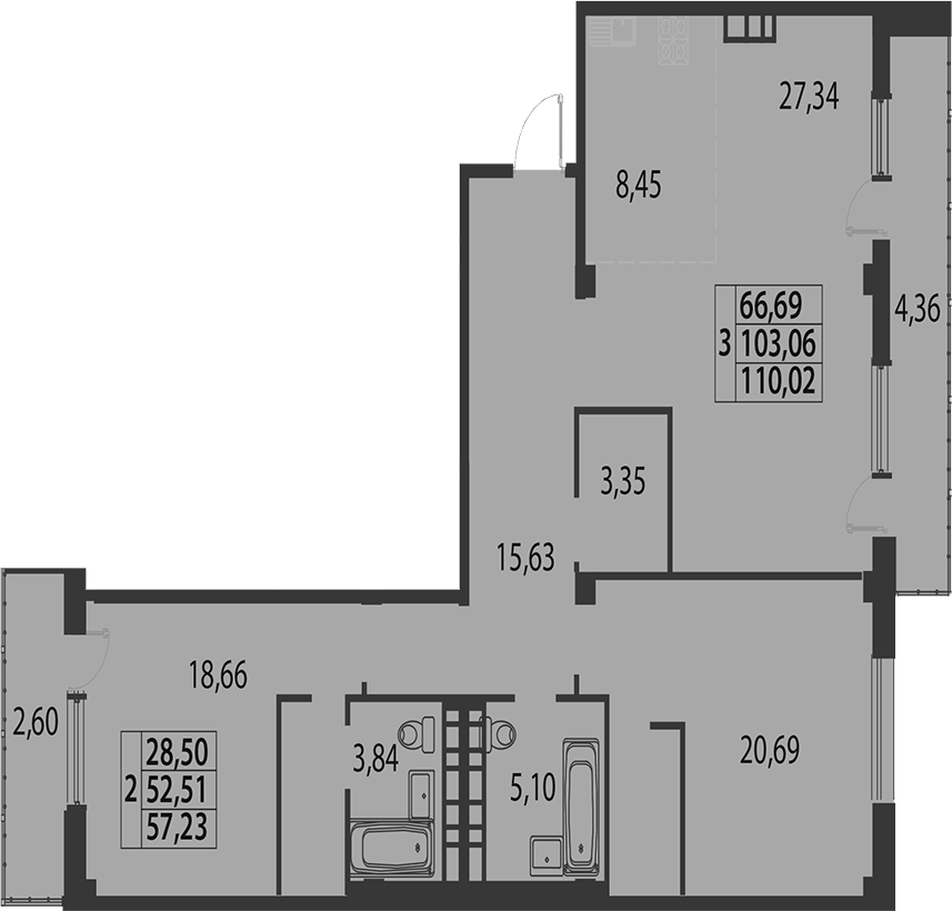 Планировка евротрёшка (3Е) 112.1 м² в ЖК «Белые Росы», корпус 7