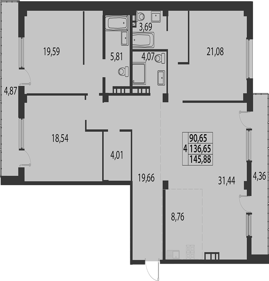 Планировка евро-4 (4Е) 145.88 м² в ЖК «Белые Росы», корпус 7