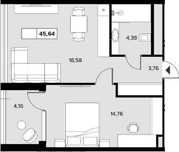 Планировка однокомнатная 45.64 м² в ЖК «Гостиничный комплекс Белые ночи», корпус А