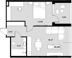 Планировка однокомнатная 46.88 м² в ЖК «Гостиничный комплекс Белые ночи», корпус А