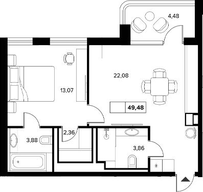 Планировка однокомнатная 49.48 м² в ЖК «Гостиничный комплекс Белые ночи», корпус А