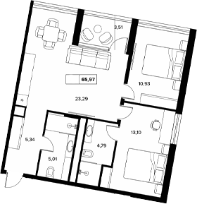Планировка двухкомнатная 65.97 м² в ЖК «Гостиничный комплекс Белые ночи», корпус Б