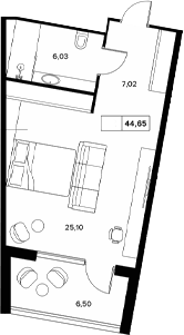 Планировка Студии 44.65 м² в ЖК «Гостиничный комплекс Белые ночи», корпус Б
