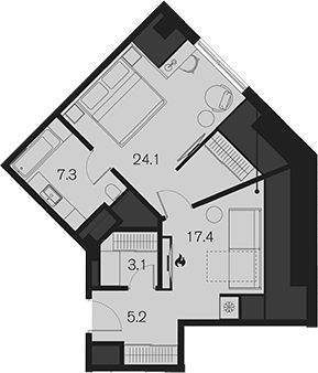 Планировка однокомнатная 57.1 м² в ЖК «Benefit Sky Breeze Sochi», корпус 1