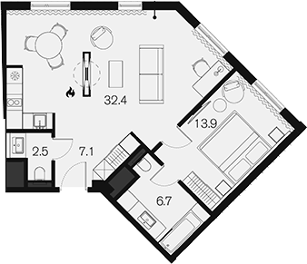 Планировка однокомнатная 62.6 м² в ЖК «Benefit Sky Breeze Sochi», корпус 1