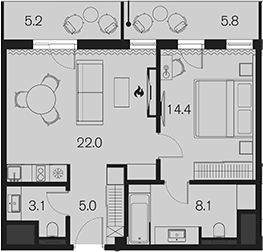 Планировка однокомнатная 63.6 м² в ЖК «Benefit Sky Breeze Sochi», корпус 1