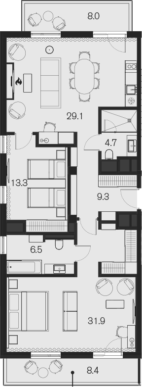 Планировка двухкомнатная 111.2 м² в ЖК «Benefit Sky Breeze Sochi», корпус 2