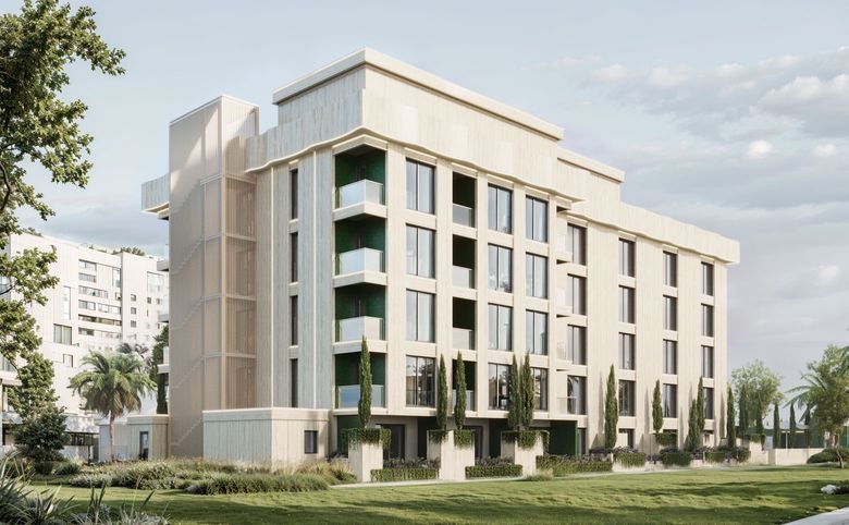 Biarritz Club Residence — Фасад из керамогранита с тёмно-зелёными вставками на лоджиях