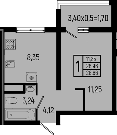 Планировка однокомнатная 28.66 м² в ЖК «Ботаника Хиллс», корпус 1