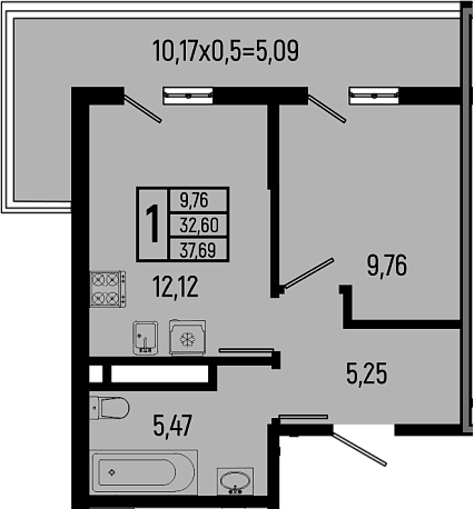 Планировка однокомнатная 37.69 м² в ЖК «Ботаника Хиллс», корпус 1