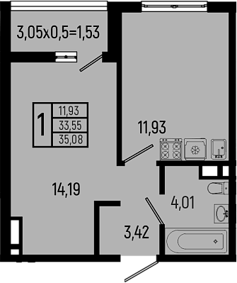 Планировка евродвушка (2Е) 35.08 м² в ЖК «Ботаника Хиллс», корпус 1