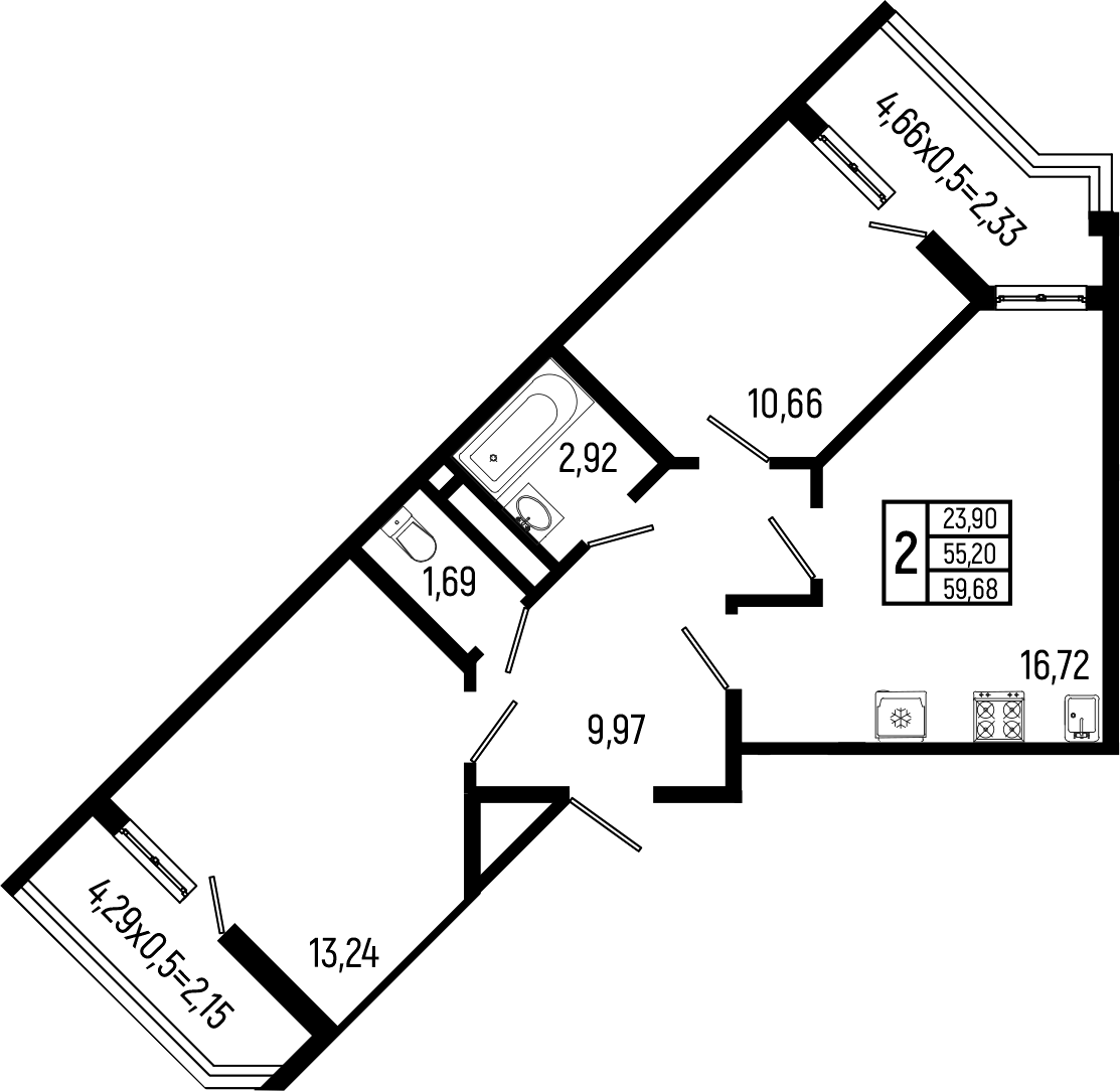 Планировка двухкомнатная 59.68 м² в ЖК «Ботаника Хиллс», корпус 2