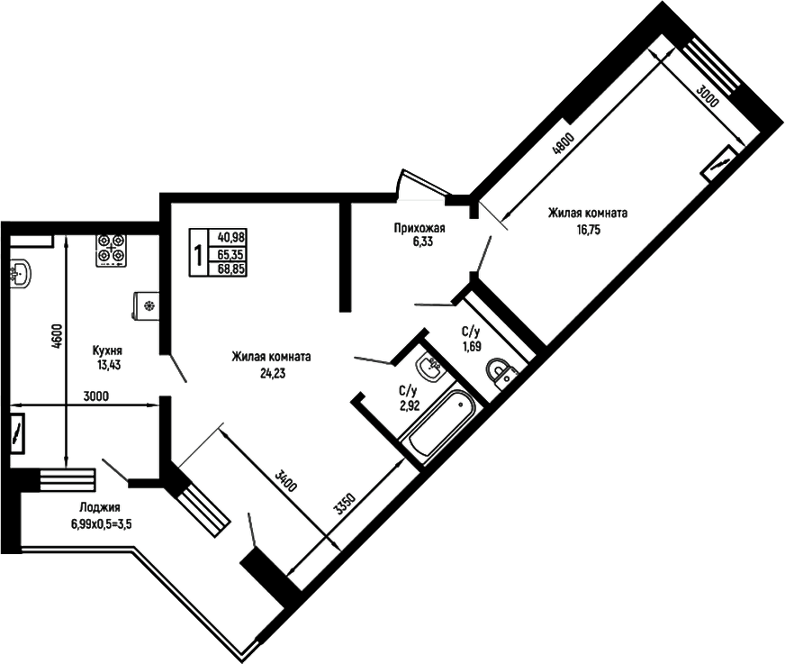 Планировка двухкомнатная 68.85 м² в ЖК «Ботаника Хиллс», корпус 4