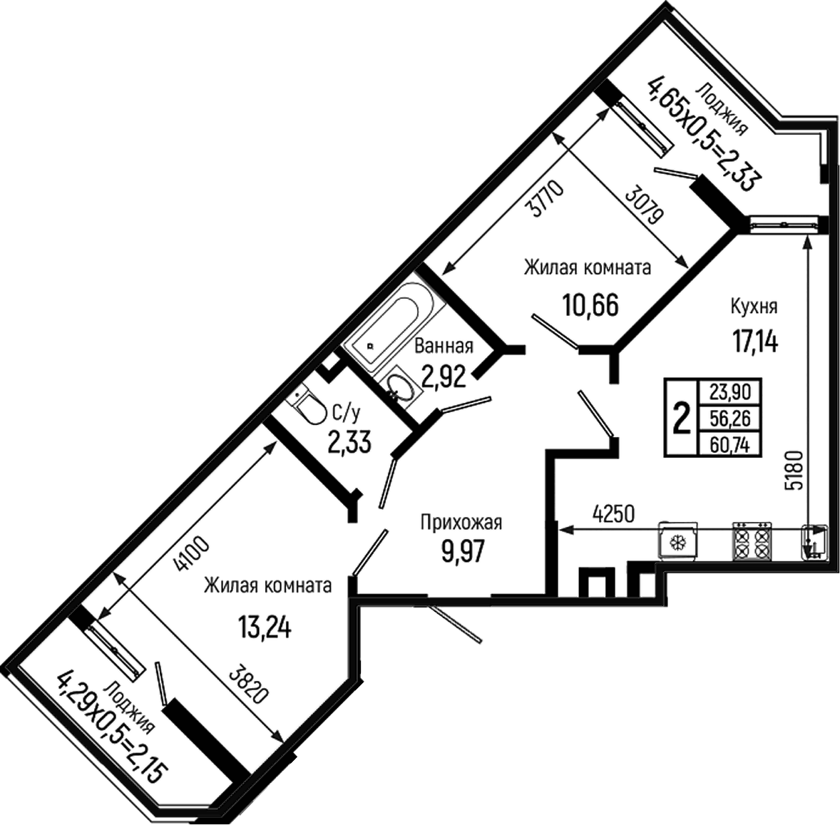 Планировка евротрёшка (3Е) 60.74 м² в ЖК «Ботаника Хиллс», корпус 2