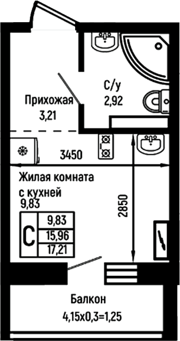 Планировка Студии 17.21 м² в ЖК «Ботаника Хиллс», корпус 4