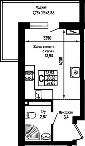 Планировка Студии 24.08 м² в ЖК «Ботаника Хиллс», корпус 4