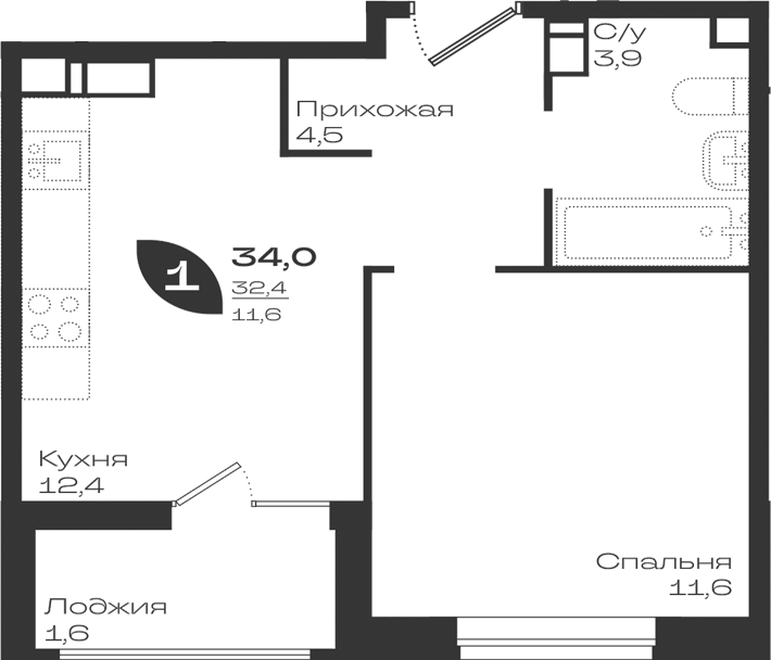 Планировка однокомнатная 34 м² в ЖК «Ботаника», корпус 1.1