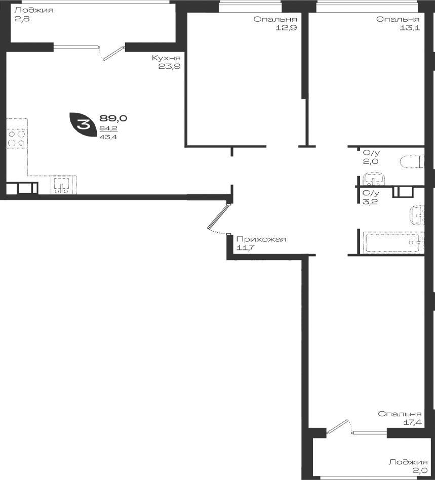 Планировка трёхкомнатная 89 м² в ЖК «Ботаника», корпус 1.2
