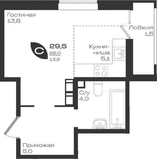 Планировка Студии 29.5 м² в ЖК «Ботаника», корпус 1.2