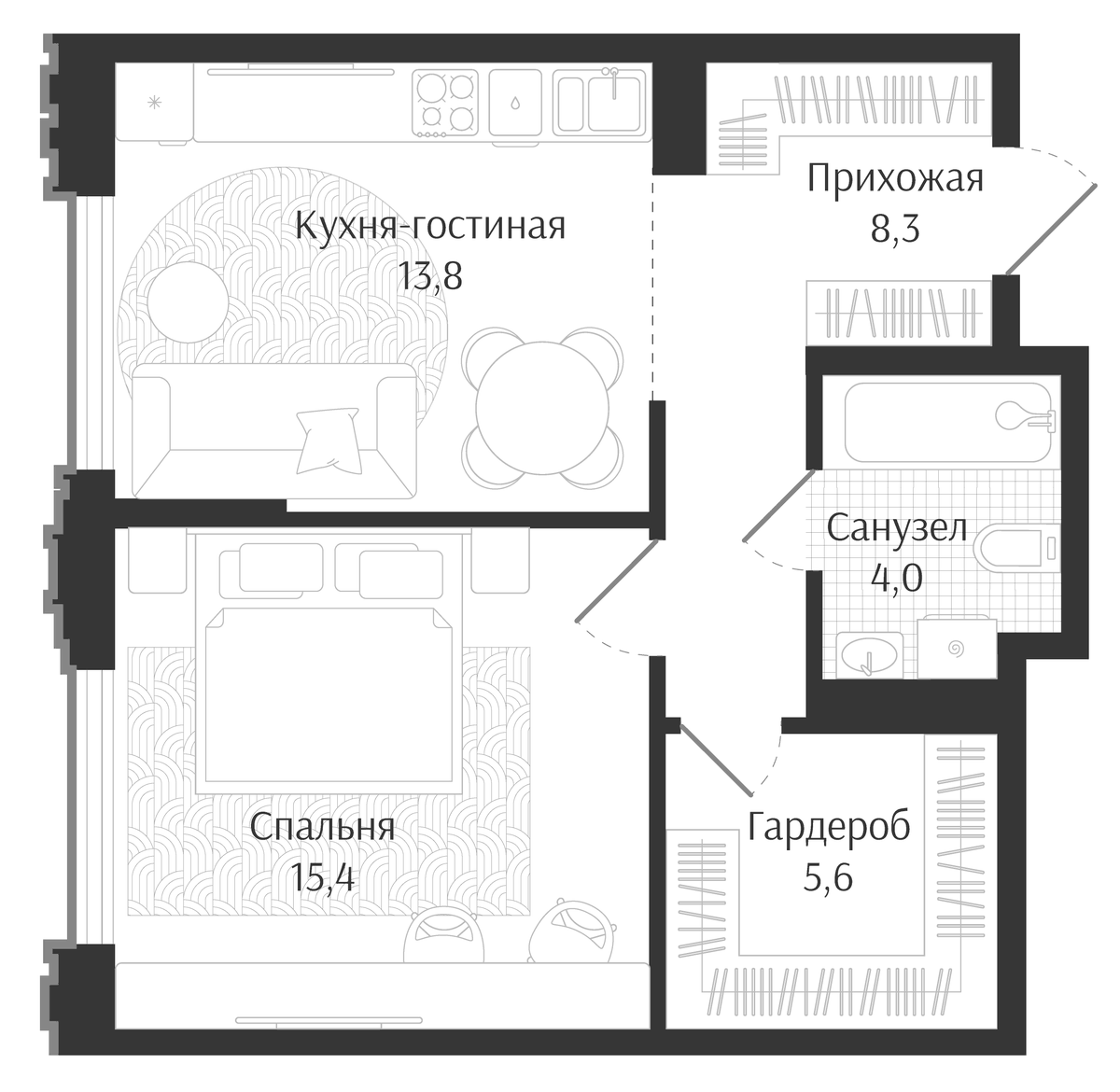Планировка однокомнатная 47.1 м² в ЖК «Брют Резиденс», корпус 1