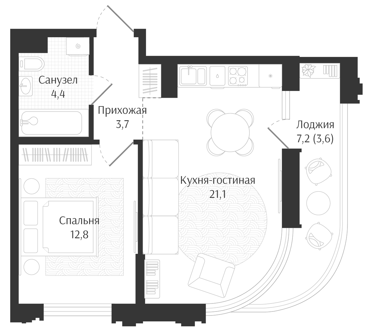 Планировка евродвушка (2Е) 45.6 м² в ЖК «Брют Резиденс», корпус 1