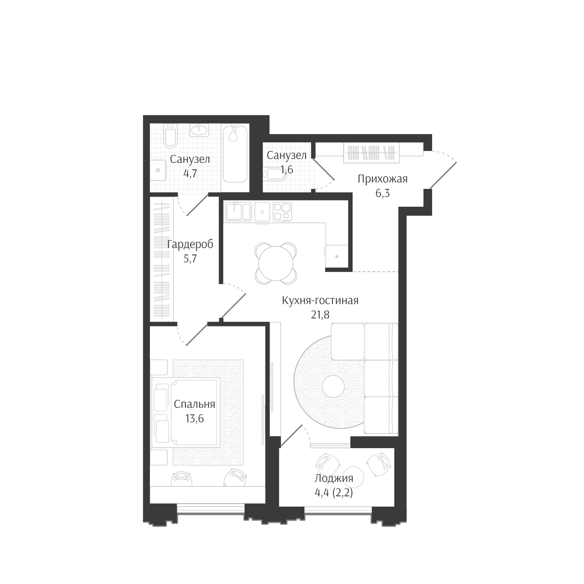 Планировка евродвушка (2Е) 55.9 м² в ЖК «Брют Резиденс», корпус 1