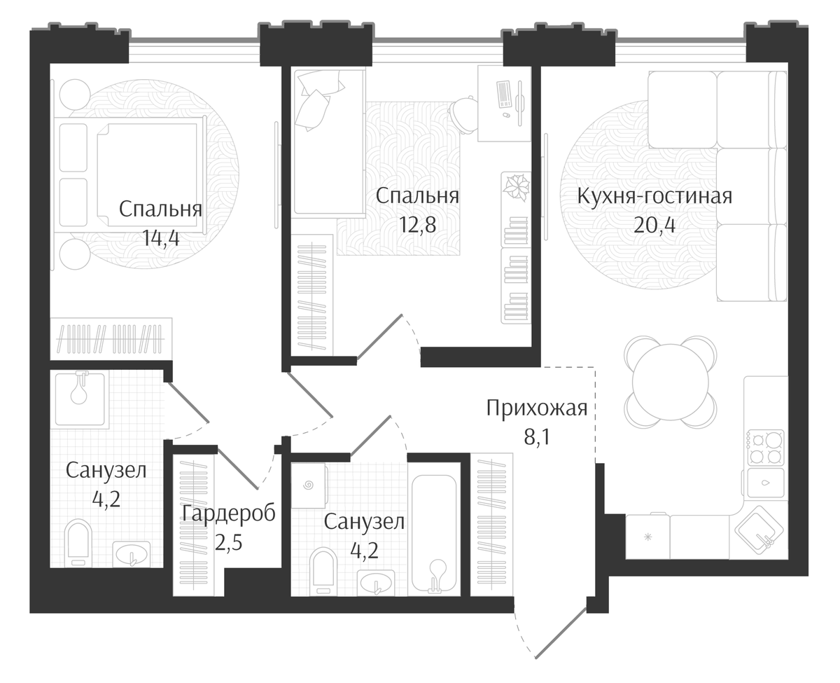 Планировка евротрёшка (3Е) 66.6 м² в ЖК «Брют Резиденс», корпус 1