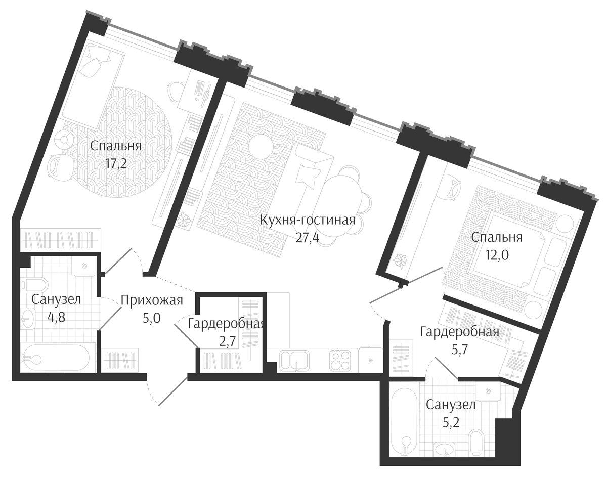 Планировка евротрёшка (3Е) 80 м² в ЖК «Брют Резиденс», корпус 1