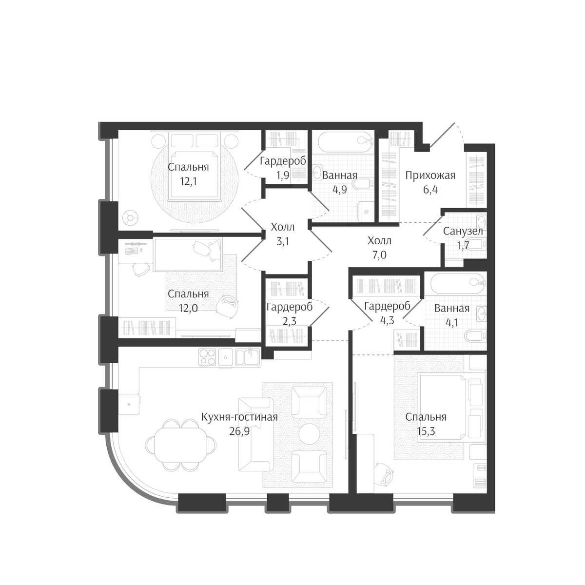 Планировка евро-4 (4Е) 102 м² в ЖК «Брют Резиденс», корпус 1