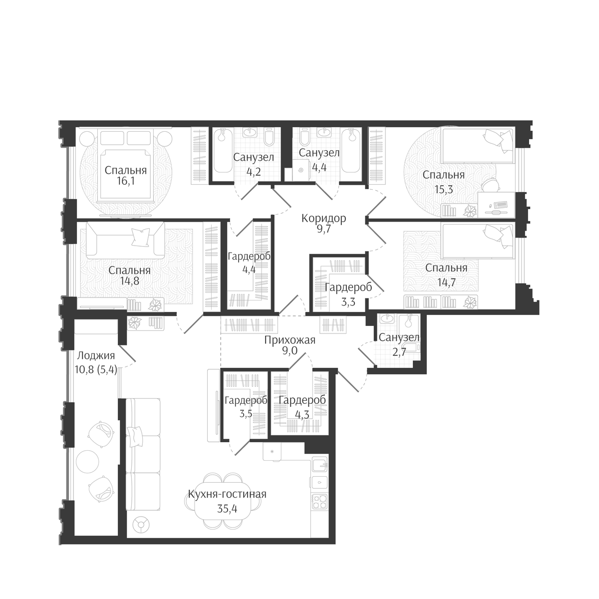 Планировка 5Е-к.кв 147.2 м² в ЖК «Брют Резиденс», корпус 1