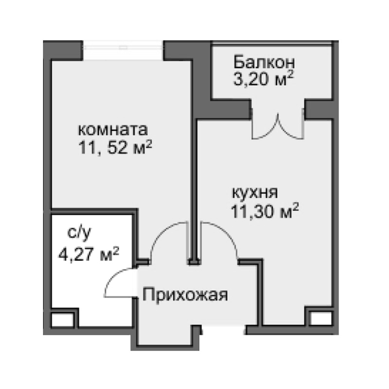 Планировка однокомнатная 31.89 м² в ЖК «Центральный двор», корпус 3