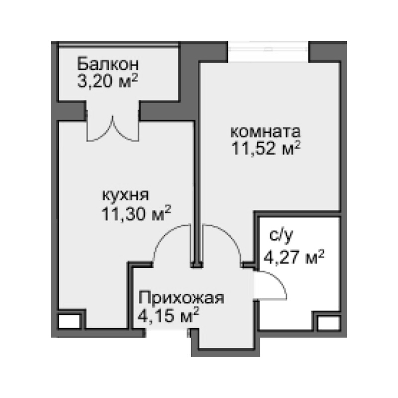 Планировка однокомнатная 32.74 м² в ЖК «Центральный двор», корпус 3
