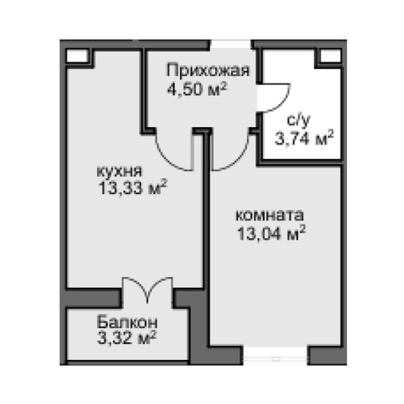 Планировка однокомнатная 35.04 м² в ЖК «Центральный двор», корпус 3
