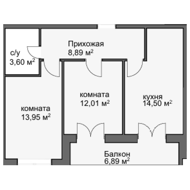 Планировка двухкомнатная 53.78 м² в ЖК «Центральный двор», корпус 1