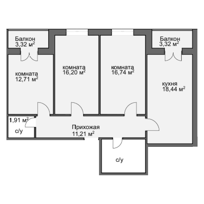Планировка трёхкомнатная 85.17 м² в ЖК «Центральный двор», корпус 2